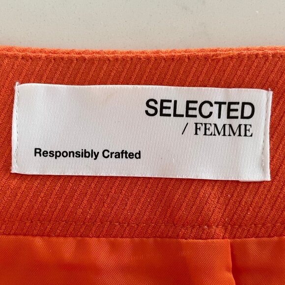 Selected Femme Mynella Lined Textured Poly A-Line Mini Skirt Orangeade Sz 36 NWT - Picture 5 of 9